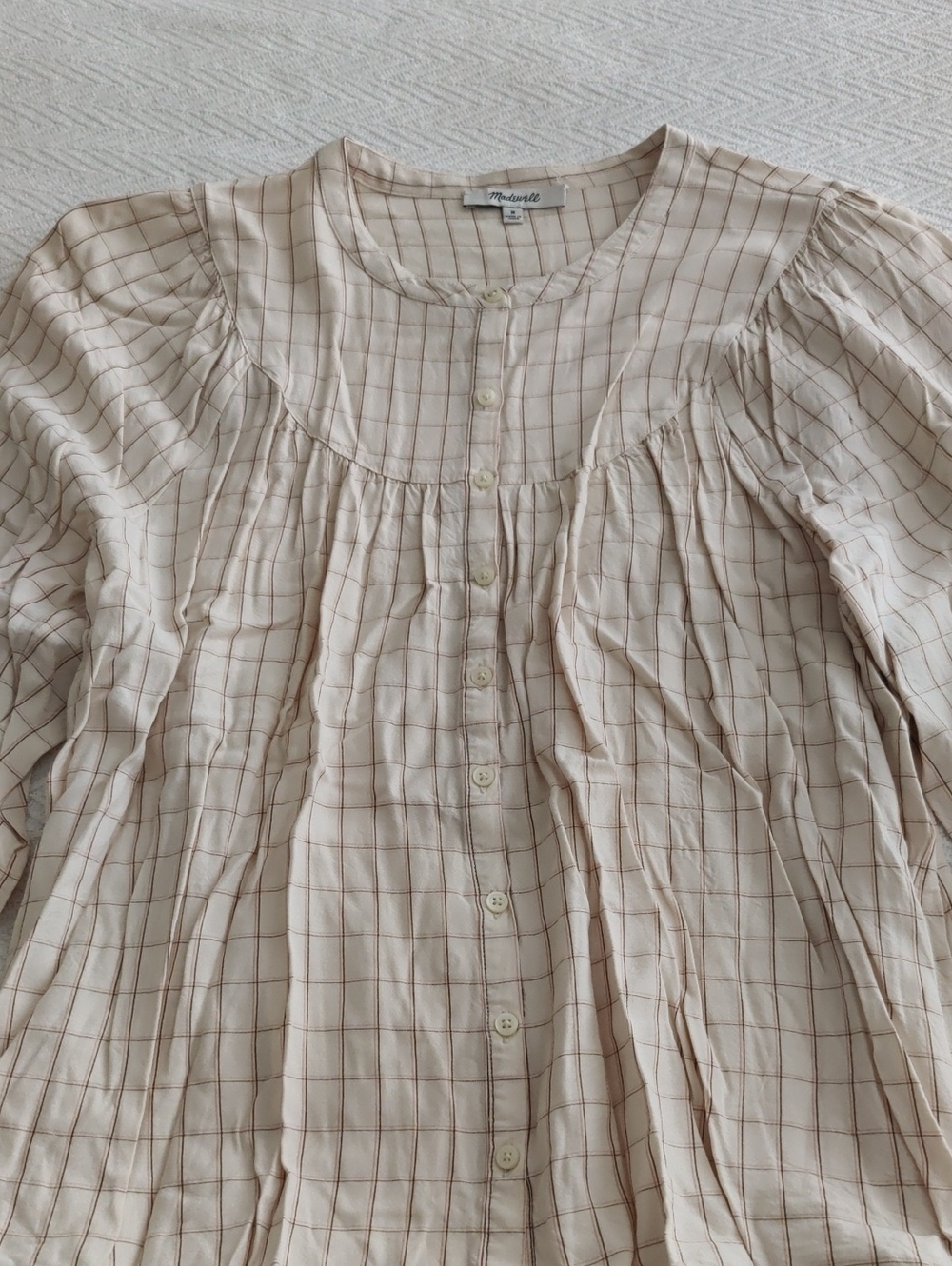 Madewell Cream Top with Brown Windowpane Plaid Button-Front